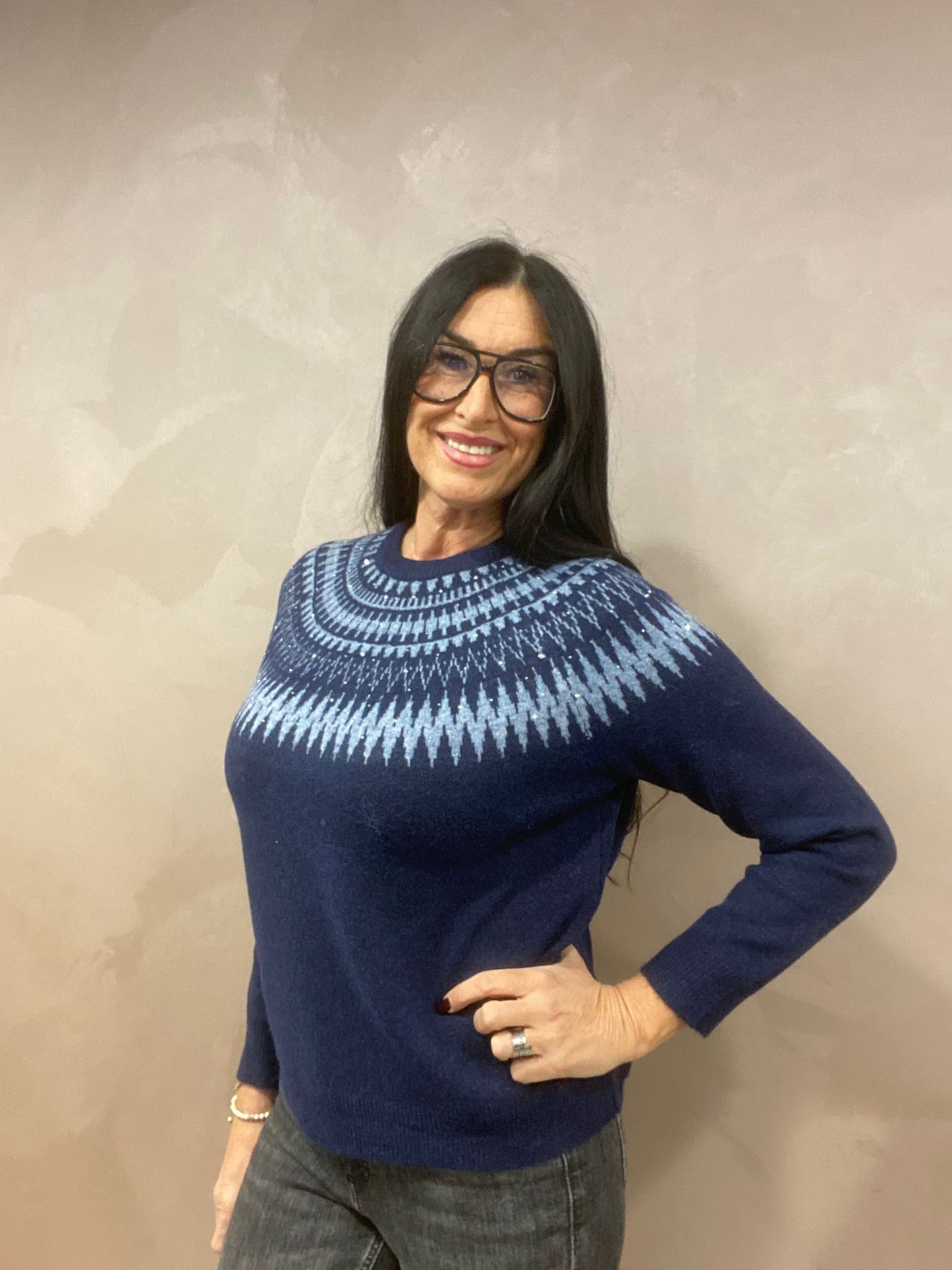 Maglione a Girocollo con Lavorazione Jacquard e Paillettes