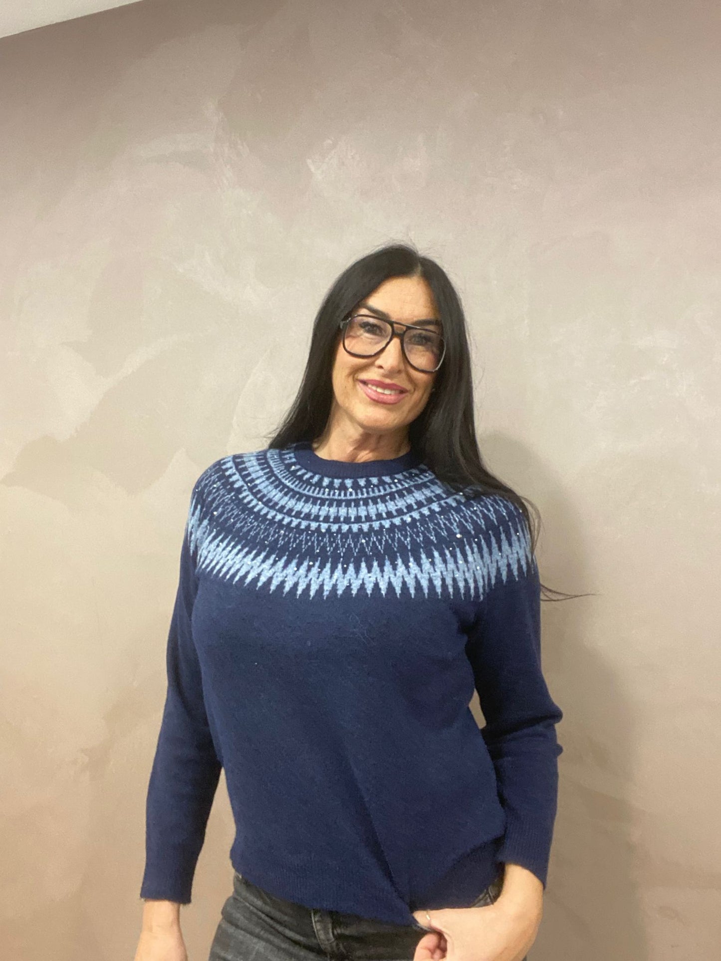 Maglione a Girocollo con Lavorazione Jacquard e Paillettes